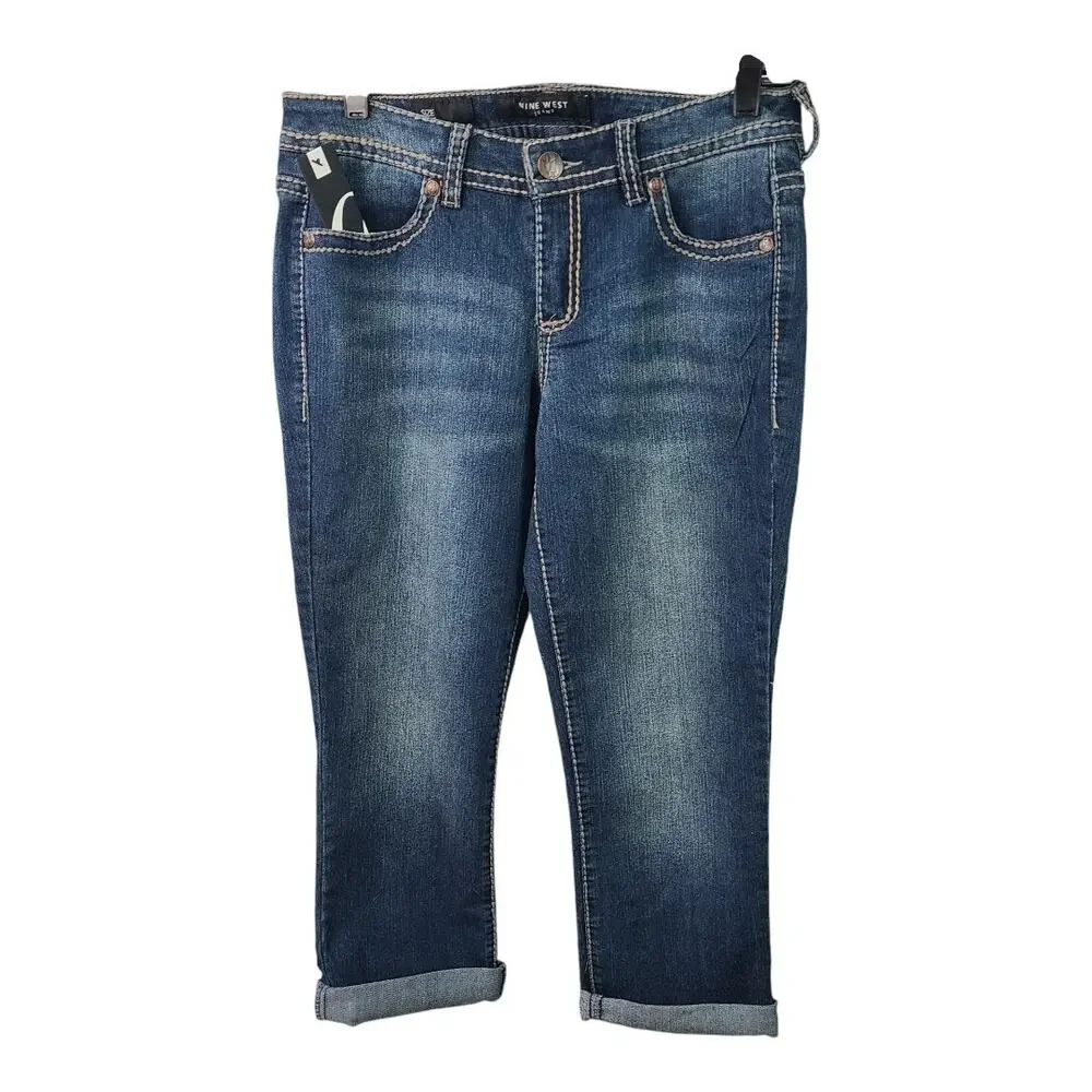 Nine West Blue Denim Capri Jeans Bling Flap Pockets Heavy Stitching NEW 4 27